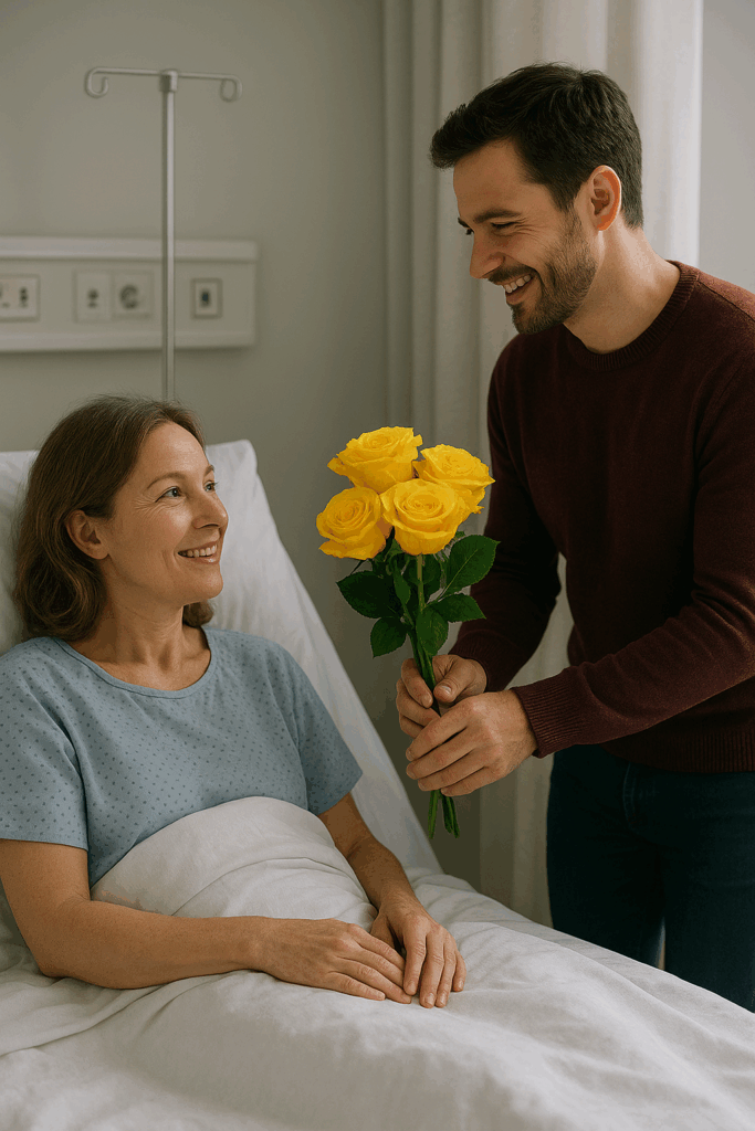 gold finch yellow roses gifted to a sick loved one.